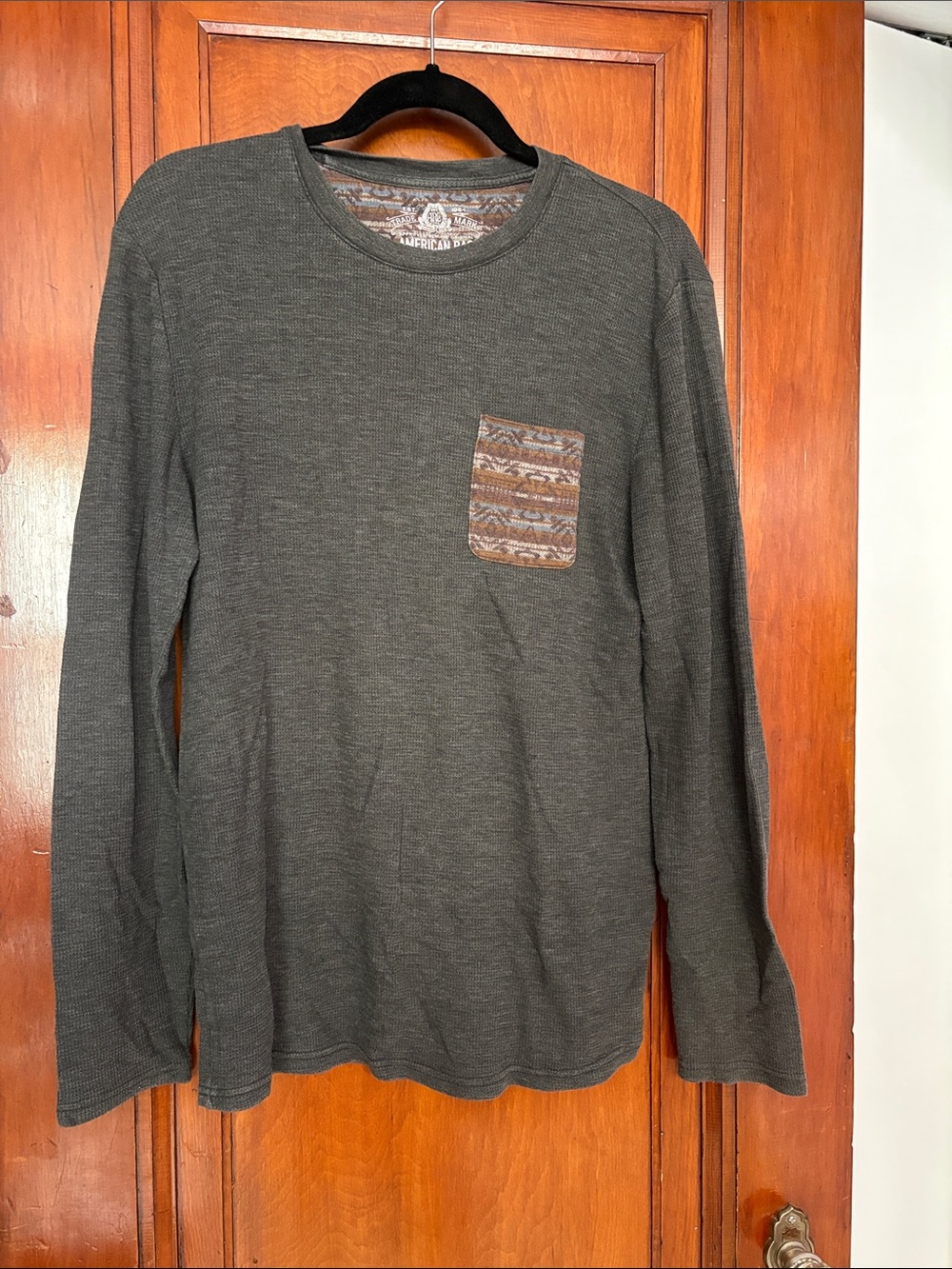 American Rag Olive Green Long Sleeve Tee with Patterned Chest Pocket